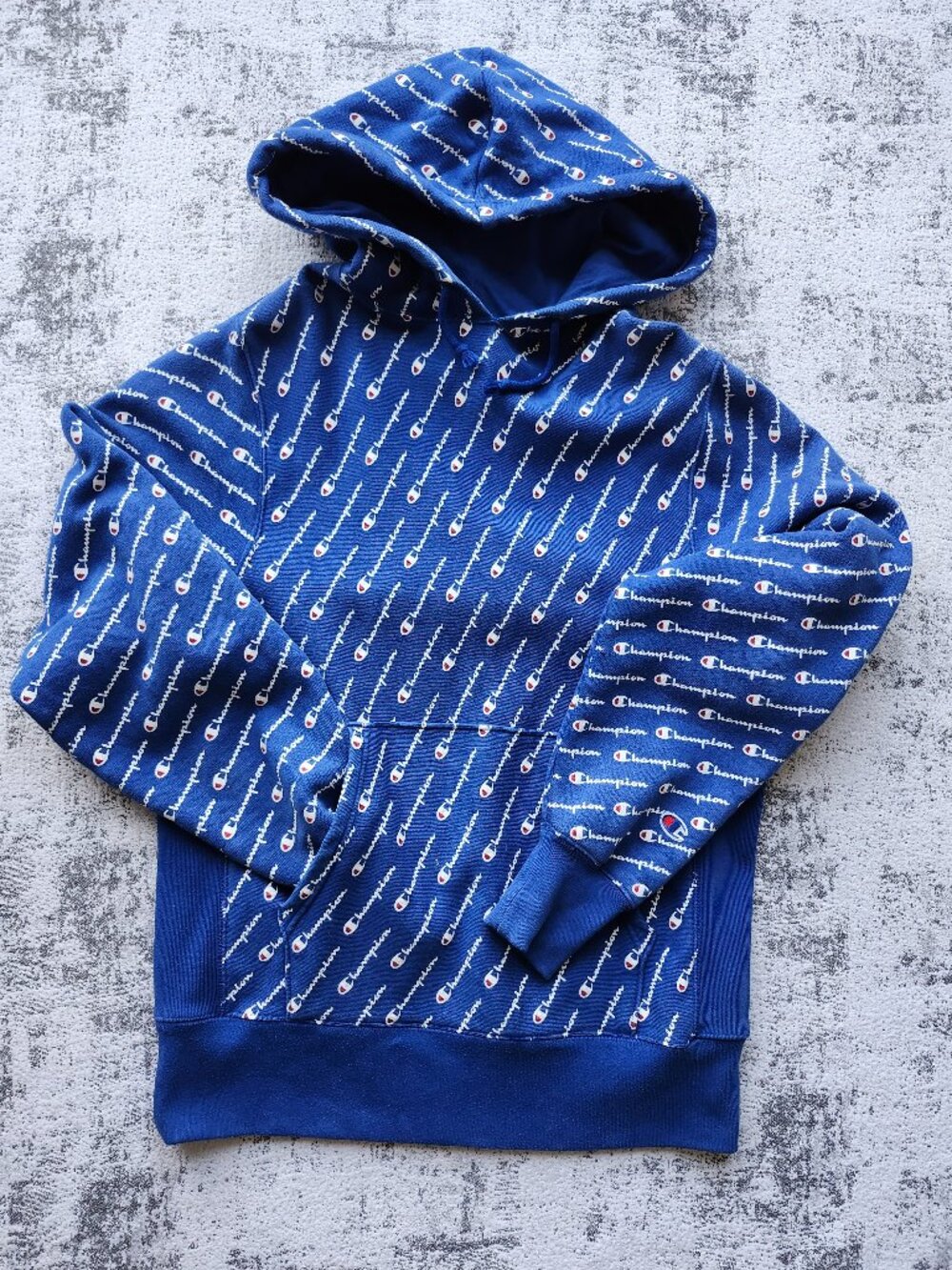 Vtg 90's Champion All Over Print Reverse Weave Blue Hoodie Hooded Sweatshirt